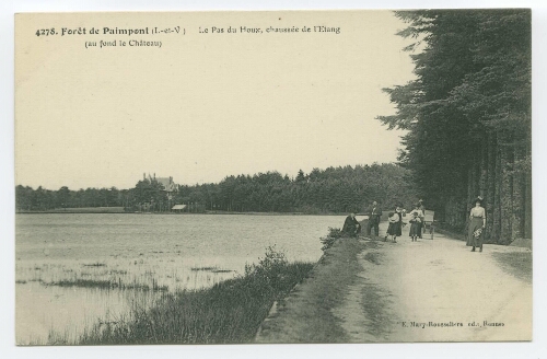 Forêt de Paimpont (I.-et-V.). Le Pas du Houx, chaussée de l'Etang, (au fond le Château).