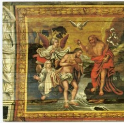 Carnac.- Détail de la voûte peinte : le baptème du Christ.