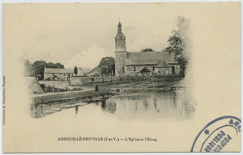 Andouillé-Neuville (I.-et-V.). L'église et l'étang.