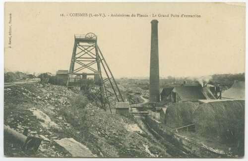COESMES (I.-et-V.). - Ardoisières du Plessis - Le Grand Puits d'extraction.
