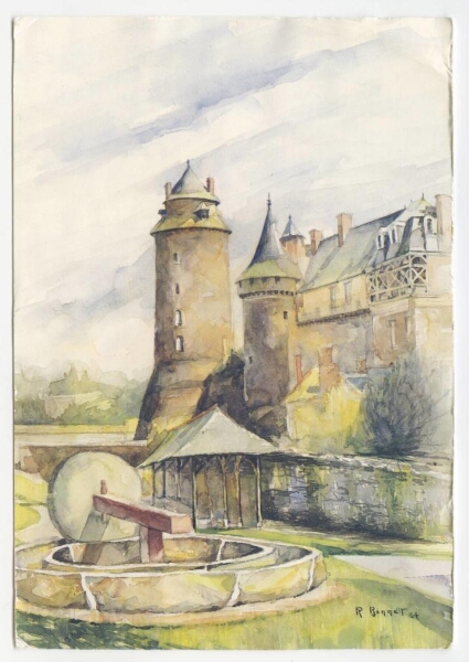 Aquarelle représentant le Château de Châteaugiron, avec au premier plan une meule.