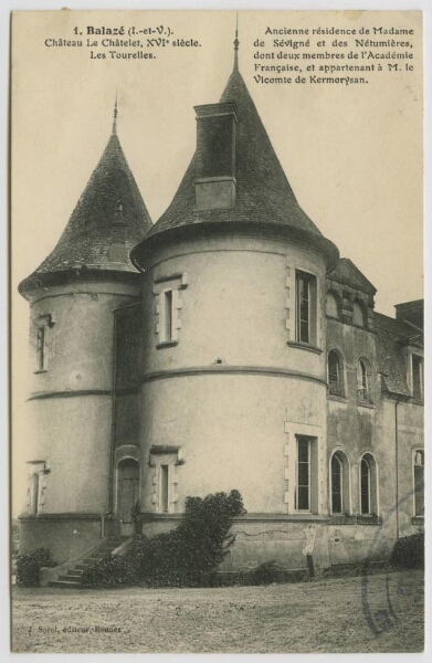 Balazé (I.-et-V.). Château Le Châtelet, XVIḞ siècle. Les tourelles.