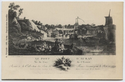 Auray.- Saint-Goustan, reproduction d'une gravure du port avec au premier plan des personnages.