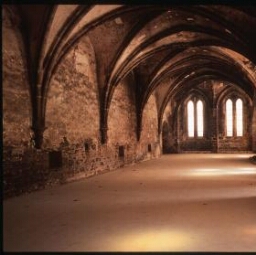 Paimpol Kérity. - Abbaye de Beauport : salle de plain pied, voute, intérieur.