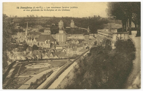 Fougères (I.-et-V.) - Les nouveaux Jardins publics et vue générale de St-Sulpice et du Château.