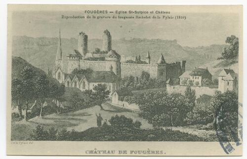 FOUGERES - Eglise St-Sulpice et le Château - Reproduction de la gravure du fougerais Bachelot de la Pylaie.