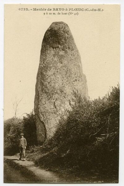 Menhir de BAYO à PLOEUC (C.-du-N.) à m. de haut (NḞ)