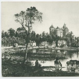 Château de COMBOURG et le lac Tranquil - Gravure du XVIIIe siècle.